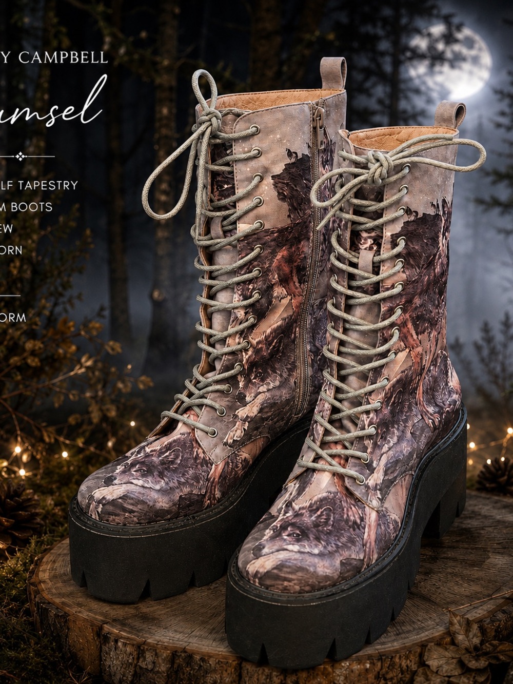 RARE Jeffrey Campbell Damsel Wolf Tapestry Platform Boots 8.5 NWOB